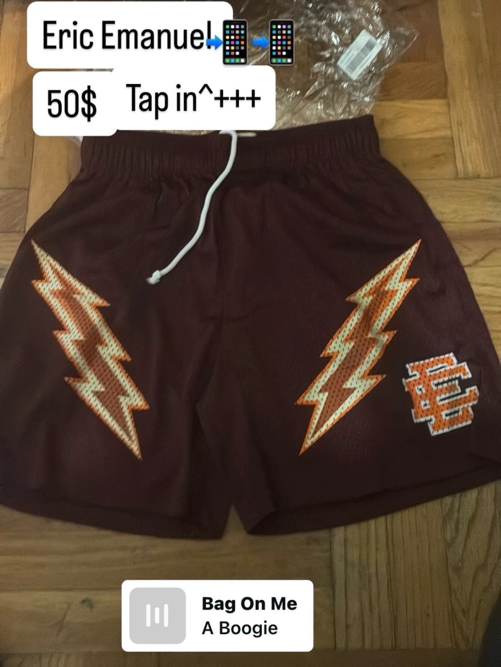 Eric Emanuel Maroon Athletic Shorts with Orange & Cream Lightning
